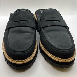 Toms Black Penny Mule Loafers with Tan Trim